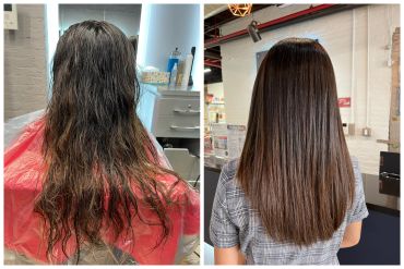Hair transformation showing before and after smoothing treatment.