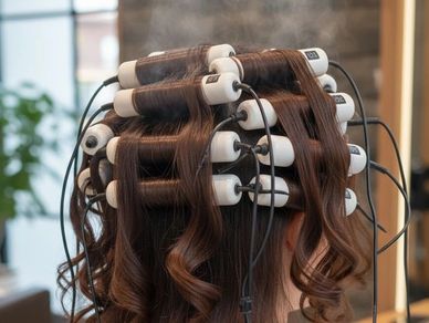 Hair with multiple curling rods for perm treatment.