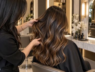 Stylist arranging long wavy hair in salon.