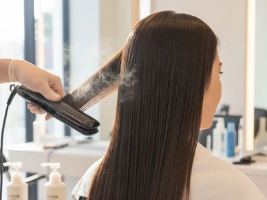 Hair straightening with a flat iron.