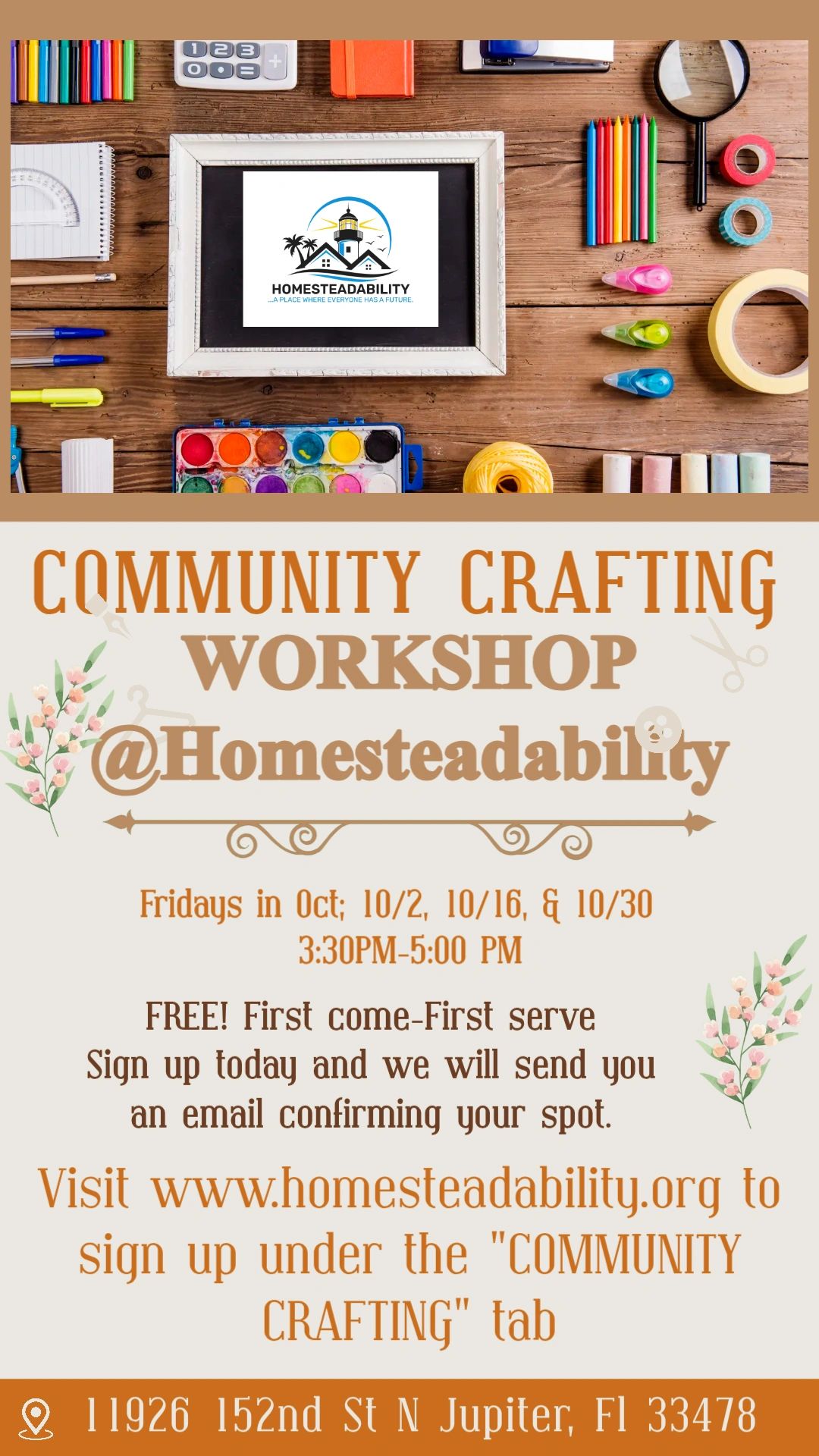Community crafting workshop details with dates and sign-up information.