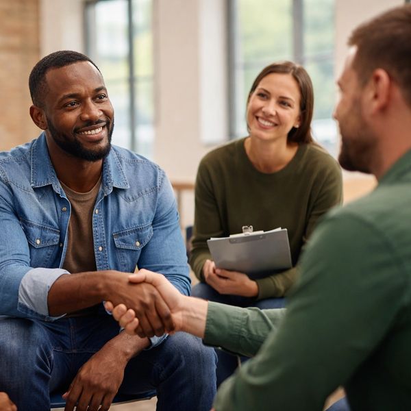 Two men shaking hands while a woman with a clipboard smiles.