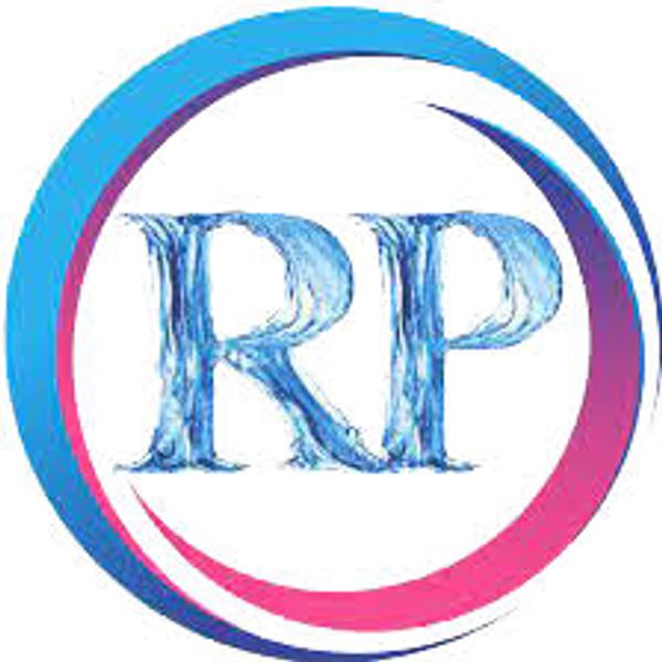 Logo with blue and pink circular design and water-textured letters RP.