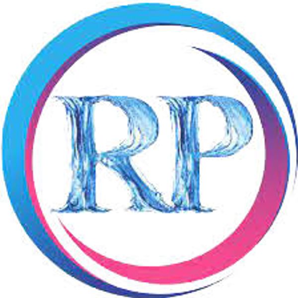 Logo with blue and pink circular design and water-textured letters RP.