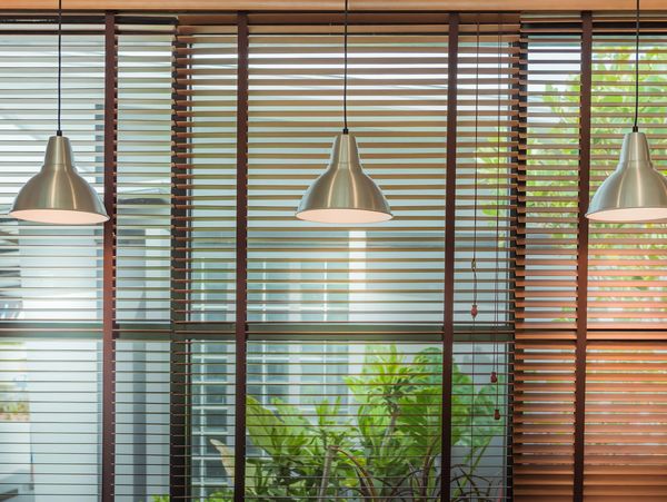 Venetian mask blind window room interior with ceiling beam blinds window decoration concept