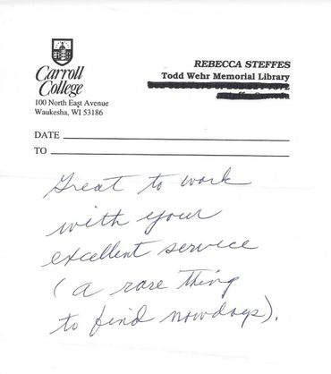 Handwritten note praising excellent service on Carroll College letterhead.