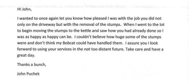 A thank you letter expressing satisfaction with driveway and stump removal work.