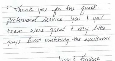 Handwritten thank you note praising quick and professional service.