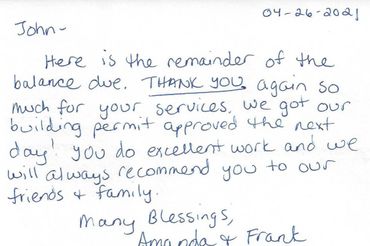 Handwritten thank you note expressing gratitude for excellent work and permit approval.