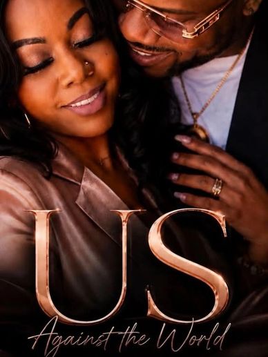 Couple embracing with love and text 'Us Against the World'.