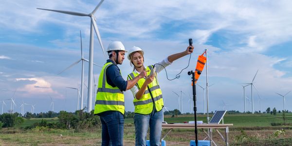 Two engineers inspecting wind turbines with measurement equipment in a green field.