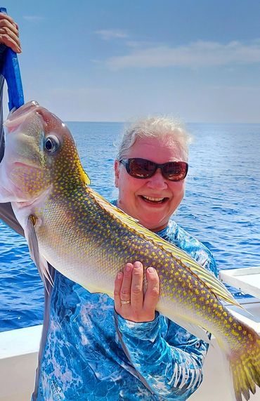 Person in a boat holding a fish after a successful catch.