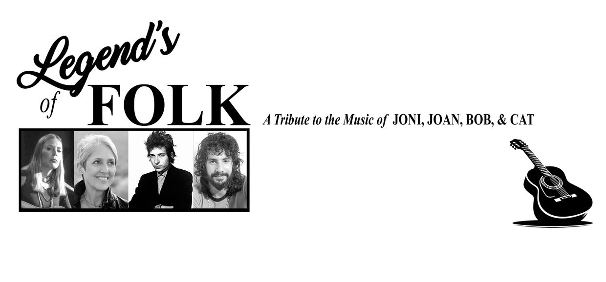 Tribute poster featuring iconic folk musicians Joni, Joan, Bob, and Cat with a guitar illustration.
