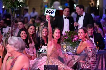 Woman in elegant dress holds up auction paddle 348 at formal event.