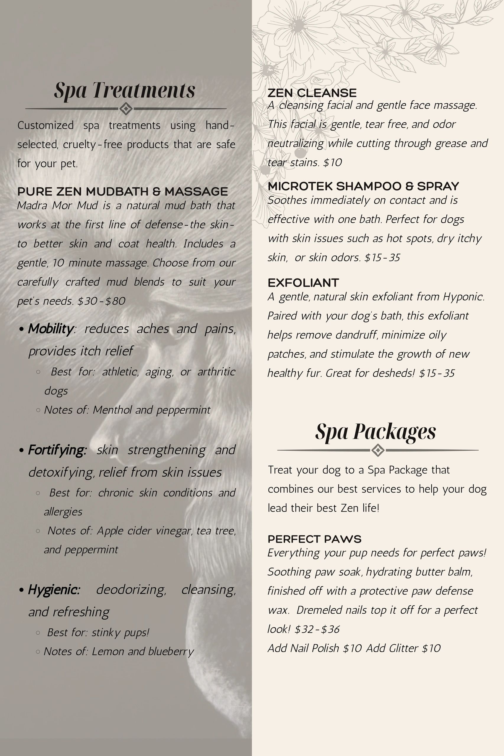 Asheville North Carolina Dog grooming menu