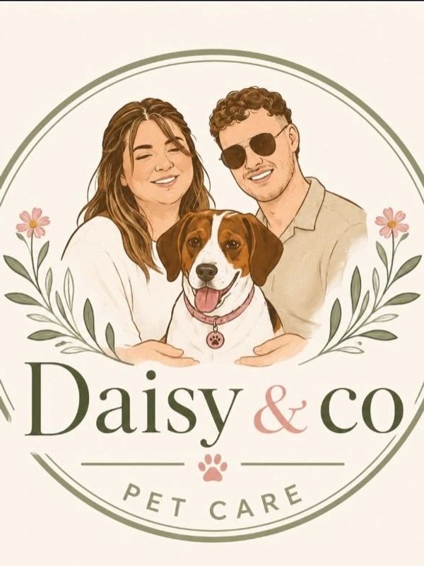 Logo featuring a couple and a dog for Daisy & Co Pet Care.