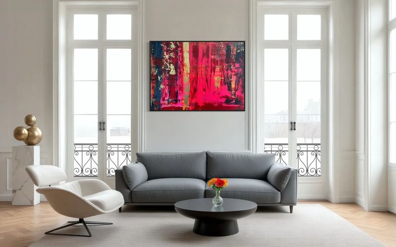 Modern living room with vibrant abstract painting and gray sofa.