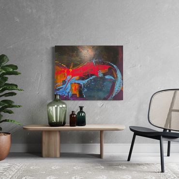 Modern living room with abstract art and minimalist furniture.