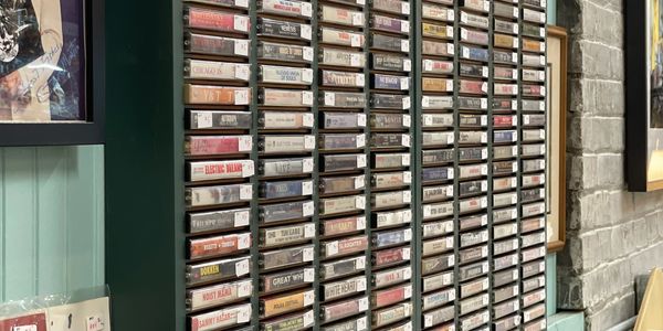 Cassettes, display of cassettes, media, record store, music