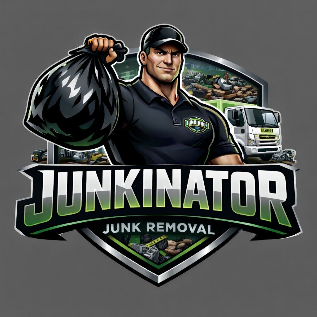 Bold logo featuring a strong man holding junk with a truck in the background.