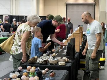 Children discovering minerals under a microscope at the Sandy Crystal Festival kids activities