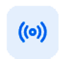 Blue wireless signal icon with waves inside a rounded square.