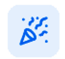 Blue party popper icon with confetti bursts.