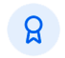 A blue badge icon with a ribbon on a white circular background.