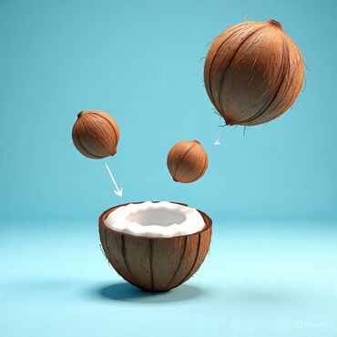 Three coconuts with arrows pointing to a half coconut filled with white cream on a blue background.