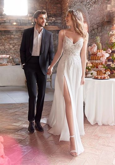White One Ishk lace and chiffon wedding dress with slit