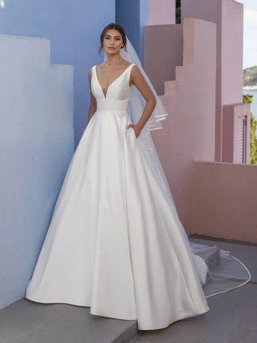 White One simple satin wedding dress with pockets