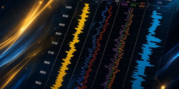 Colorful seismic data graphs with depth measurements on a black background.