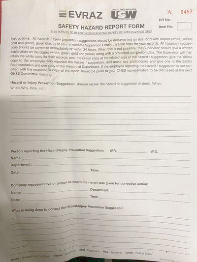 ATTENTION:
All hazards / injury prevention suggestions should be documented on this form with copie