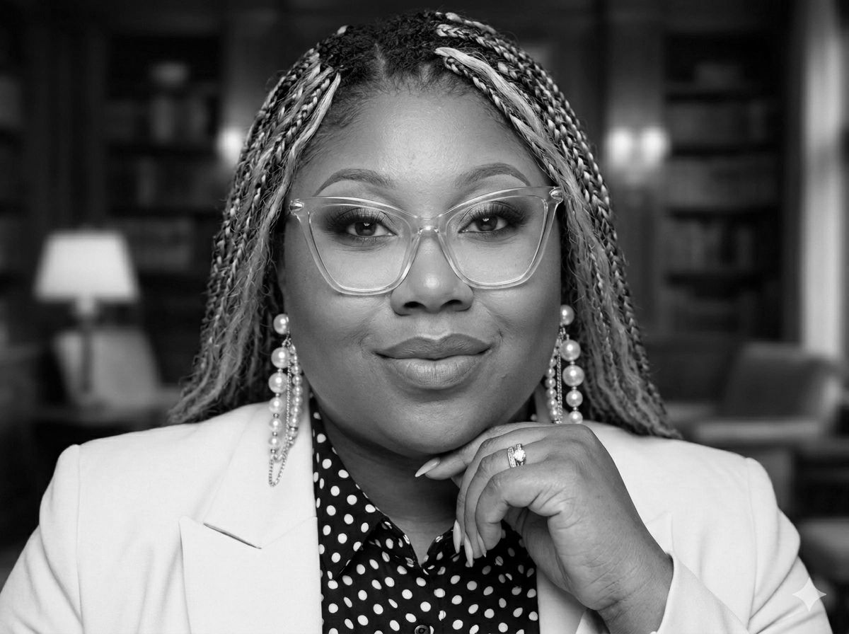 Confident woman with braided hair and glasses smiles warmly.