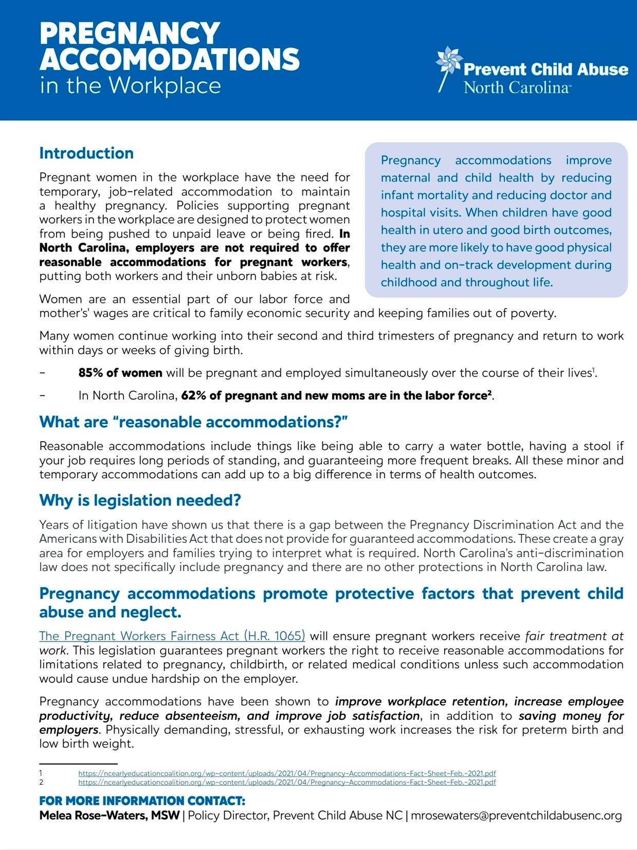 Information on pregnancy accommodations in North Carolina workplaces.