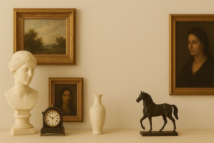 Classic art display with bust, framed portraits, vintage clock, vase, and horse statue.