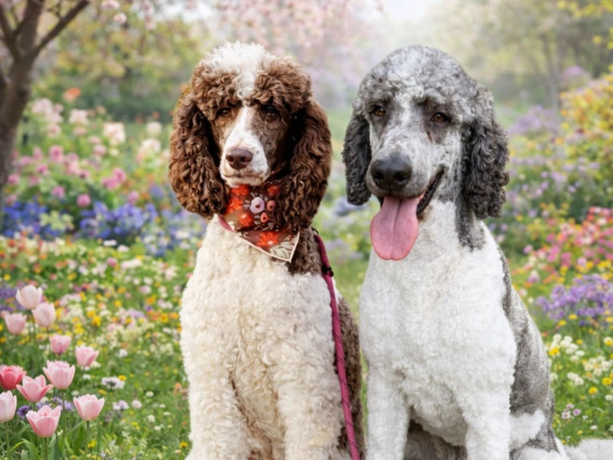 Two poodles sitting in a colorful flower garden, one wearing a red bandana.