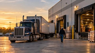Truck unloading at warehouse during sunset.