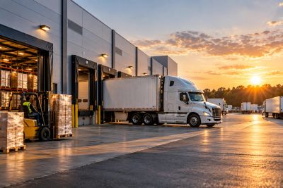 Freight trucks at a warehouse dock during sunset.