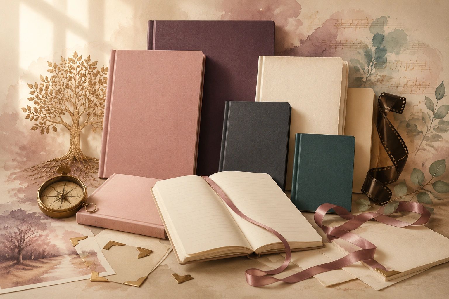 Collection of journals and vintage accessories on a watercolor background.