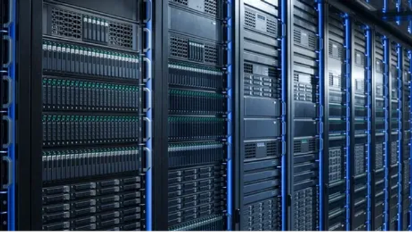 Rows of server racks in a data center.