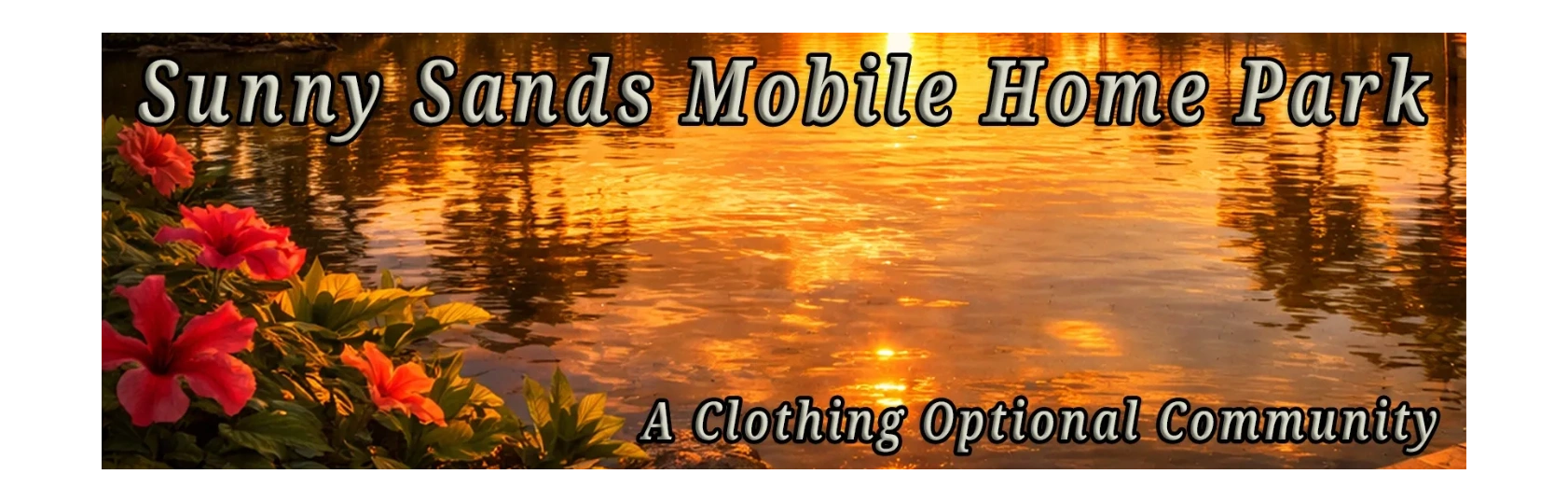 Sunny Sands Mobile Home Park sign with sunset and flowers.