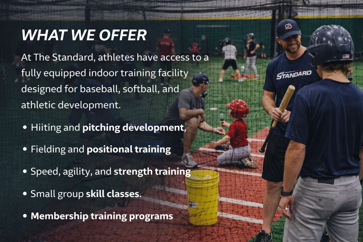 Athletes train indoors at The Standard for baseball and softball skills development.