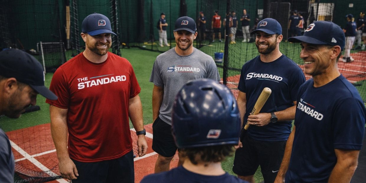 Coaches in baseball caps smiling and talking to a young player in a batting helmet indoors.