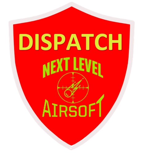 Red shield logo with yellow-green text for Dispatch Next Level Airsoft.
