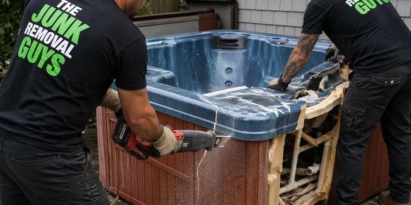 Workers dismantle an old hot tub using power tools.
