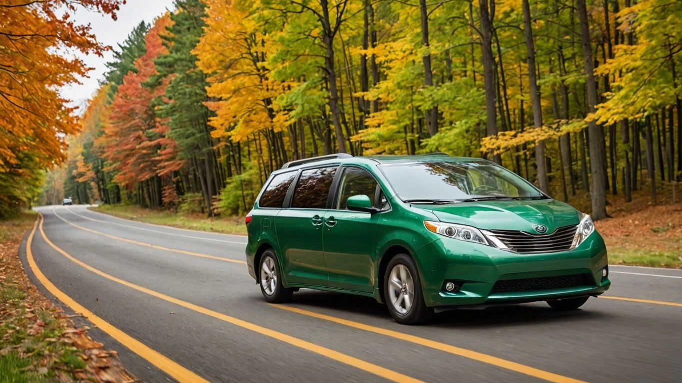 Green minivan driving on a forest road in autumn.