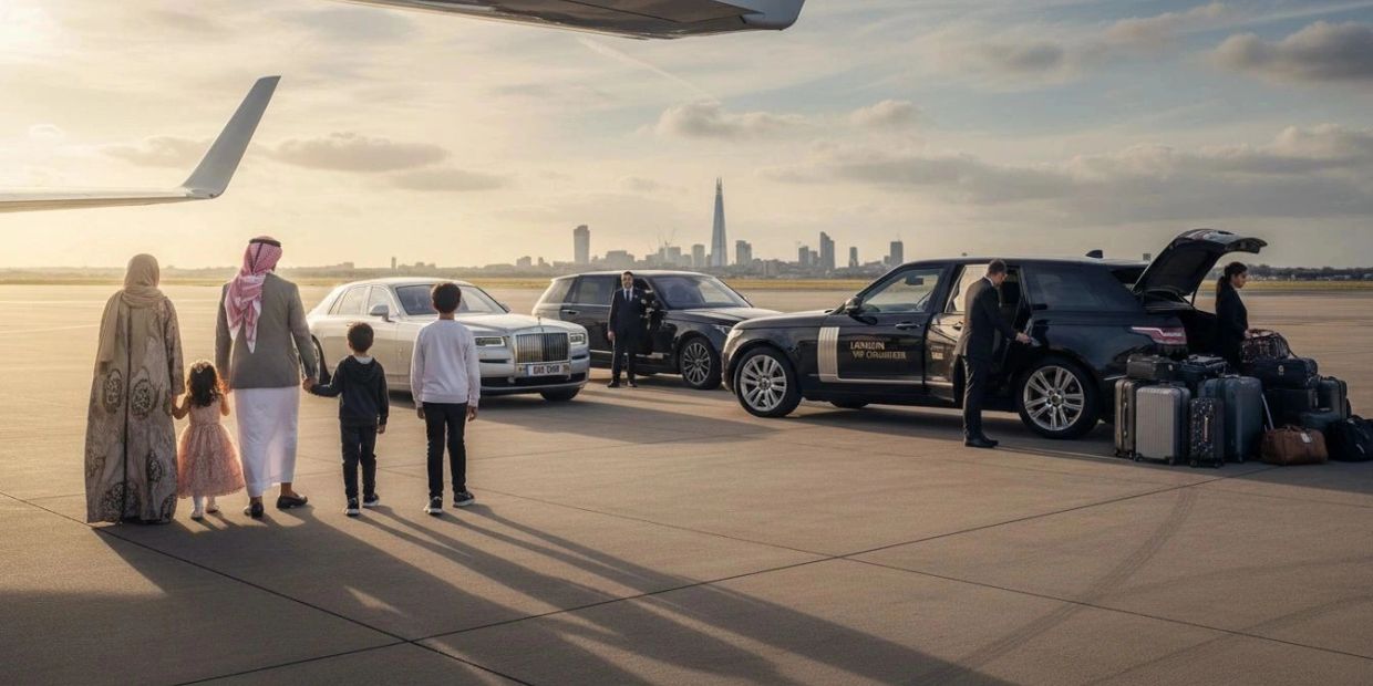 A family arriving at an airport with luxury cars and luggage at sunset.