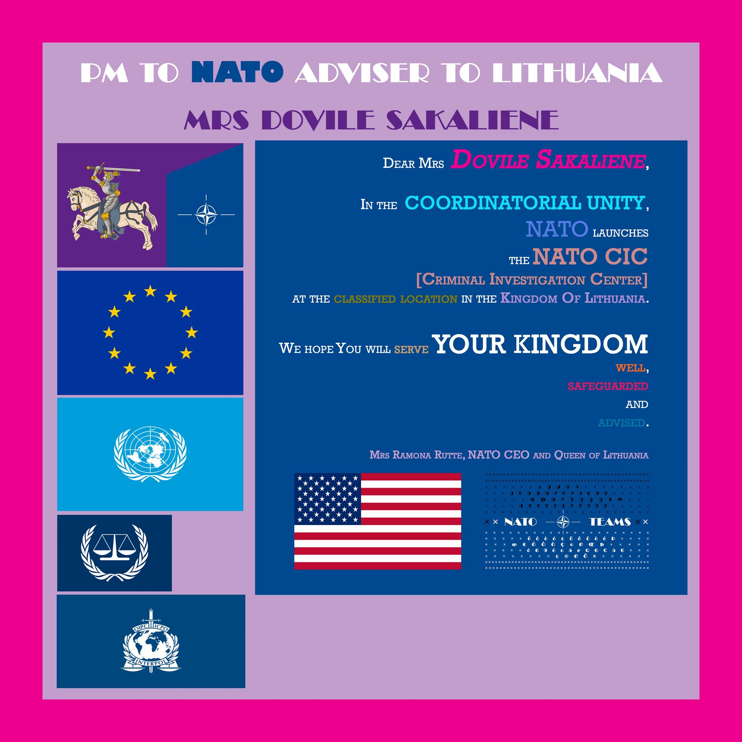 PM to Mrs Dovile Sakaliene, NATO adviser
