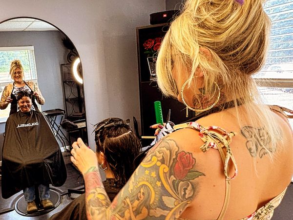 Hair salon gray blending, root shadow, and Olaplex treatment